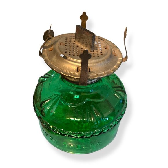 Vintage Green Glass Oil Lamp Brass Burner by Fook Cheung Hong Kong Collectible - Picture 2 of 8